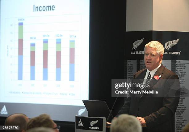 Steve Tew CEO of the New Zealand Rugby Union speaks to delegates during the New Zealand Rugby Union AGM at the NZRU HQ on April 22, 2010 in...