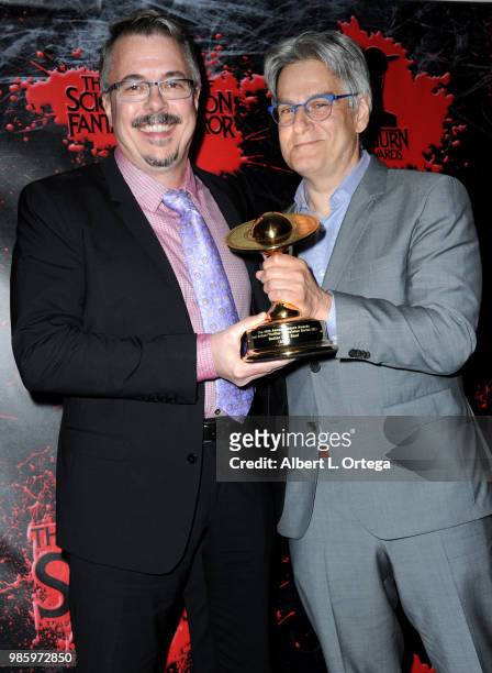 Vince Gilligan and Peter Gould pose in the press room at the Academy Of Science Fiction, Fantasy & Horror Films' 44th Annual Saturn Awards at The...