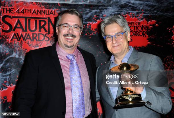 Vince Gilligan and Peter Gould pose in the press room at the Academy Of Science Fiction, Fantasy & Horror Films' 44th Annual Saturn Awards at The...