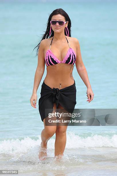 Jenni 'JWoww' Farley is seen on April 21, 2010 in Miami Beach, Florida.