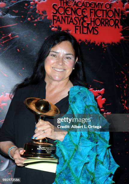 Diana Gabaldon poses in the press room at the Academy Of Science Fiction, Fantasy & Horror Films' 44th Annual Saturn Awards at The Castaway on June...