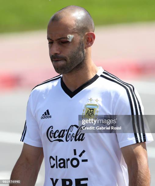 Javier Mascherano of Argentina arrives prior a training session at Stadium of Syroyezhkin sports school on June 27, 2018 in Bronnitsy, Russia.