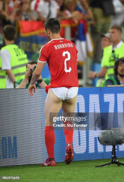 Serbia player Antonio Rukavina pictured in his underwear after the 2018 FIFA World Cup Russia group E match between Serbia and Brazil at Spartak...