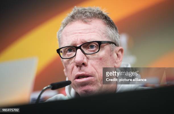 Borussia Dortmund's coach Peter Stoeger speaks during a press conference in Dortmund, Germany, 14 February 2018. Europa League last round of sixteen...