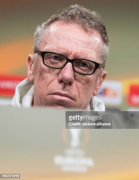 Borussia Dortmund's coach Peter Stoeger speaks during a press conference in Dortmund, Germany, 14 February 2018. Europa League last round of sixteen...
