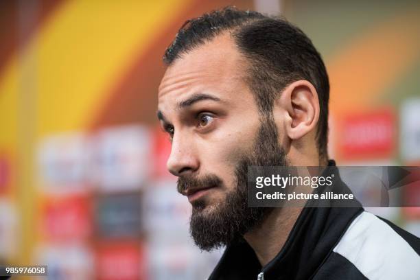 Borussia Dortmund's Omer Toprak speaks during a press conference in Dortmund, Germany, 14 February 2018. Europa League last round of sixteen match...