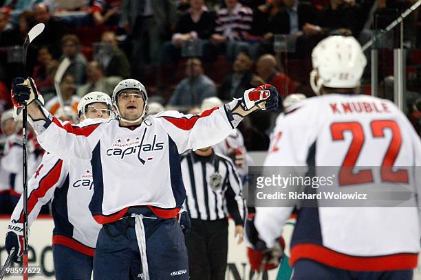 Alex Ovechkin celebrates the third period goal from Mike Knuble of the Washington Capitals in Game Four of the Eastern Conference Quarterfinals...