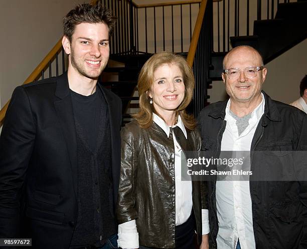 Fencer Tim Morehouse, Caroline Kennedy and CEO of J. Crew Millard Drexler attend the Teach for America Week celebration at J.Crew on April 21, 2010...