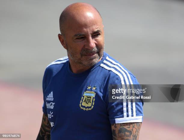 Jorge Sampaoli coach of Argentina arrives prior a training session at Stadium of Syroyezhkin sports school on June 27, 2018 in Bronnitsy, Russia.