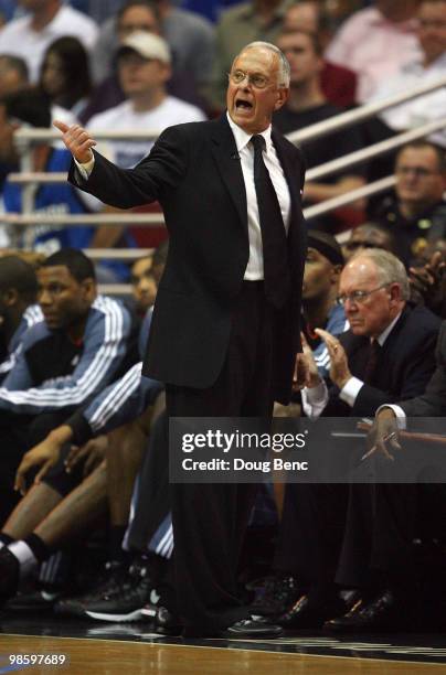 Head coach Larry Brown of the Charlotte Bobcats directs his team against the Orlando Magic in Game Two of the Eastern Conference Quarterfinals during...