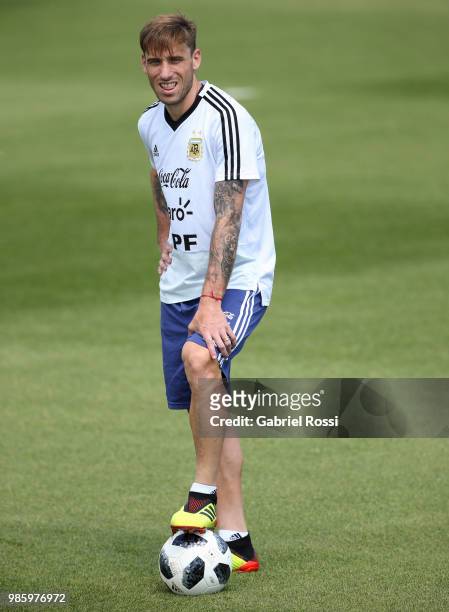 Lucas Biglia of Argentina looks on during a training session at Stadium of Syroyezhkin sports school on June 27, 2018 in Bronnitsy, Russia.