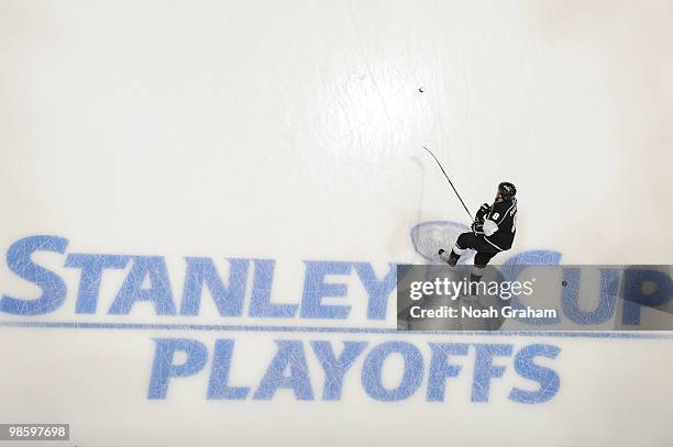 Drew Doughty of the Los Angeles Kings warms up prior to taking on the Vancouver Canucks in Game Four of the Western Conference Quarterfinals during...