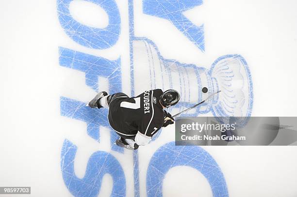 Rob Scuderi of the Los Angeles Kings warms up prior to taking on the Vancouver Canucks in Game Four of the Western Conference Quarterfinals during...