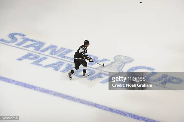 Anze Kopitar of the Los Angeles Kings warms up prior to taking on the Vancouver Canucks in Game Four of the Western Conference Quarterfinals during...