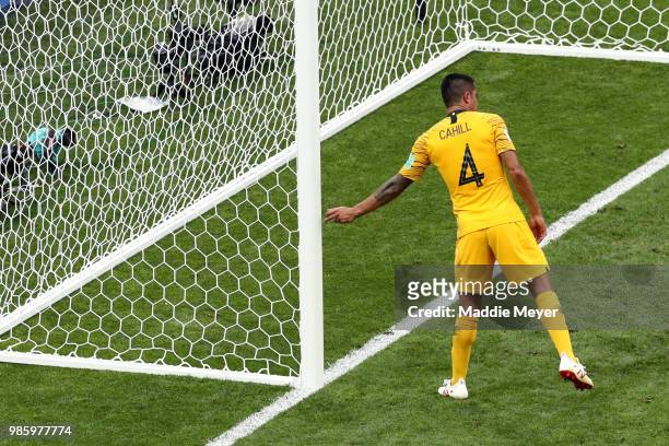 June 26: Tim Cahill of Australia touches the goal following his teams elimination from the 2018 FIFA World Cup Russia at Fisht Stadium on June 26,...