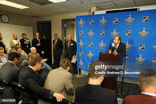 Commissioner Gary Bettman talks to the media prior to the Los Angeles Kings taking on the the Vancouver Canucks in Game Four of the Western...