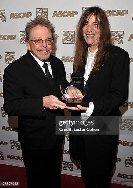 President and chairman Paul Williams and singer/songwriter Patti Smith arrives at the 27th Annual ASCAP Pop Music Awards held at the Renaissance...