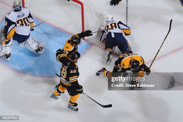 David Krejci of the Boston Bruins scores a goal against the Buffalo Sabres in Game Four of the Eastern Conference Quarterfinals during the 2010 NHL...