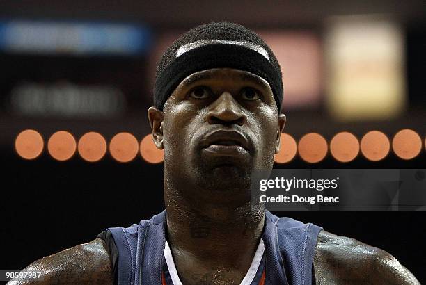 Stephen Jackson of the Charlotte Bobcats looks off after being called for a foul while taking on the Orlando Magic in Game Two of the Eastern...