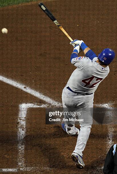 Geovany Soto of the Chicago Cubs bats against the New York Mets on April 19, 2010 at Citi Field in the Flushing neighborhood of the Queens borough of...