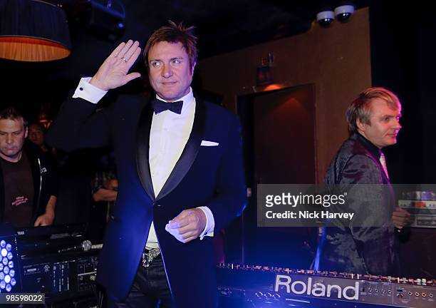 Simon le Bon and Nick Rhodes perform at the afterparty following the opening of Gucci's pop-up sneaker store, at Ronnie Scott's on April 21, 2010 in...
