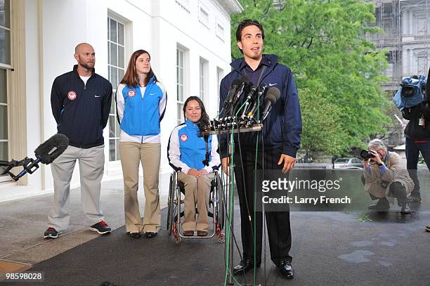 Vancouver 2010 United States Olympian Apolo Ohno speaks to reporters as Paralympian Heath Calhoun, Olympian Katherine Reutter and Paralympian Alana...