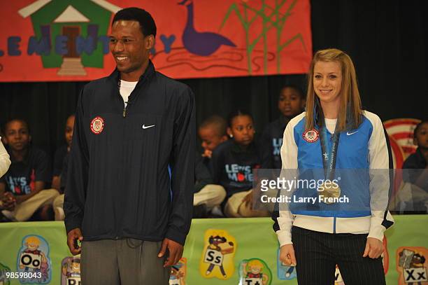 Members of the Vancouver 2010 United States Olympic team Shani Davis and Hannah Kearney visit the children of River Terrace Elementary School to...