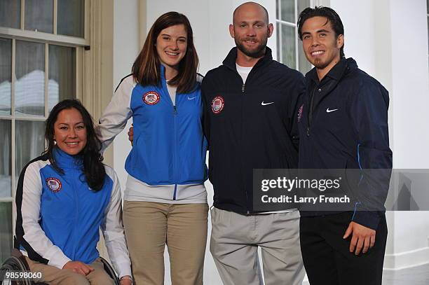 Vancouver 2010 United States Paralympian Alana Nichols, Olympian Katherine Reutter, Paralympian Heath Calhoun and Olympian Apolo Ohno pose for a...