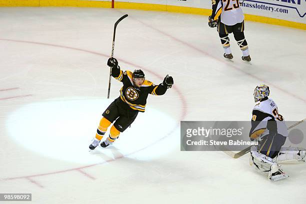 Michael Ryder of the Boston Bruins celebrates a game-winning goal in the second overtime against the Buffalo Sabres in Game Four of the Eastern...