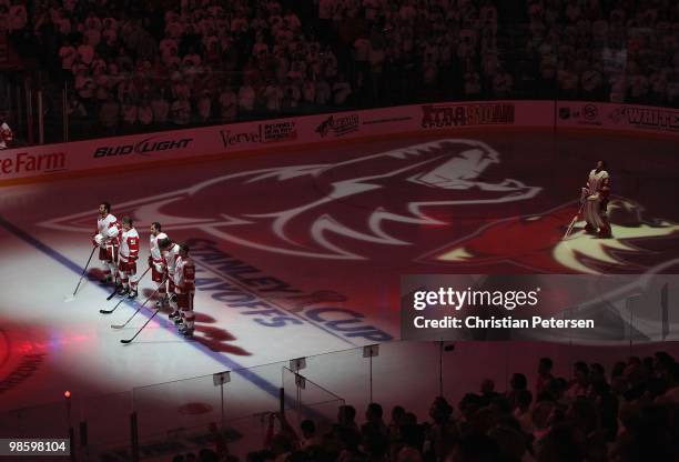 The Detroit Red Wings stant attended for the National Anthem before Game Two of the Western Conference Quarterfinals against the Phoenix Coyotes...