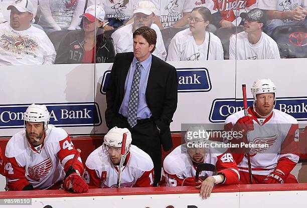 Head coach Mike Babcock of the Detroit Red Wings watches from the bench in Game Two of the Western Conference Quarterfinals against the Phoenix...