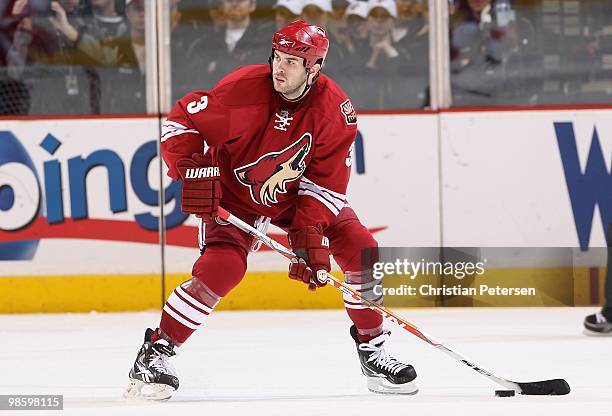 Keith Yandle of the Phoenix Coyotes skates with the puck in Game Two of the Western Conference Quarterfinals against the Detroit Red Wings during the...
