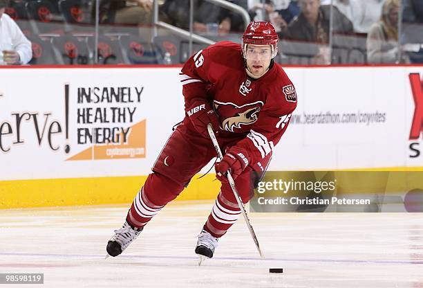 Matthew Lombardi #!5 of the Phoenix Coyotes skates with the puck in Game Two of the Western Conference Quarterfinals against the Detroit Red Wings...