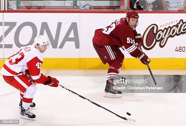 Derek Morris of the Phoenix Coyotes passes the puck in Game Two of the Western Conference Quarterfinals against the Detroit Red Wings during the 2010...