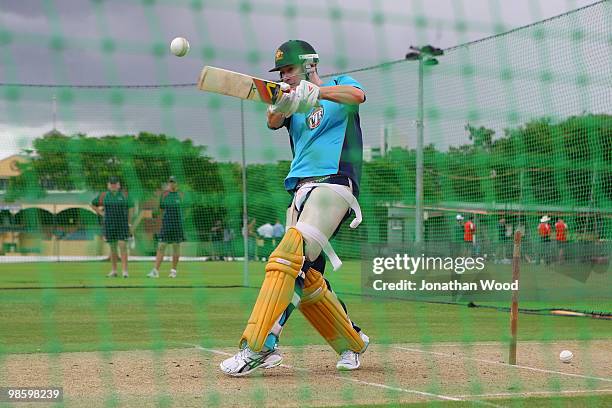 Michael Clarke of Australia hits out in the nets during an Australian Twenty20 training session at Cricket Australia's Centre of Excellence on April...