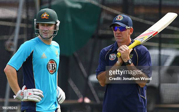 Michael Clarke and Tim Nielsen of Australia chat during an Australian Twenty20 training session at Cricket Australia's Centre of Excellence on April...