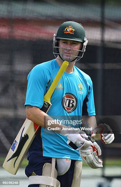 Michael Clarke of Australia prepares to enter the nets during an Australian Twenty20 training session at Cricket Australia's Centre of Excellence on...