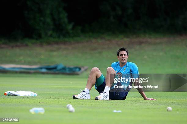 Mitchell Johnson of Australia rests during an Australian Twenty20 training session at Cricket Australia's Centre of Excellence on April 22, 2010 in...