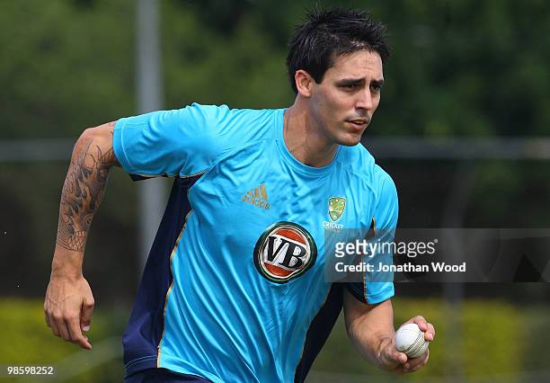 Mitchell Johnson of Australia practices in the nets during an Australian Twenty20 training session at Cricket Australia's Centre of Excellence on...