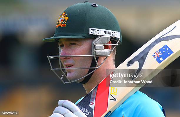 Michael Clarke of Australia prepares to enter the nets during an Australian Twenty20 training session at Cricket Australia's Centre of Excellence on...