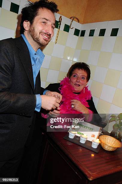 Actor Edouard Baer and Madame Irene attend the Madame Irene from the Cafe de Flore Departure Party at Café de Flore on March 31, 2010 in Paris,...