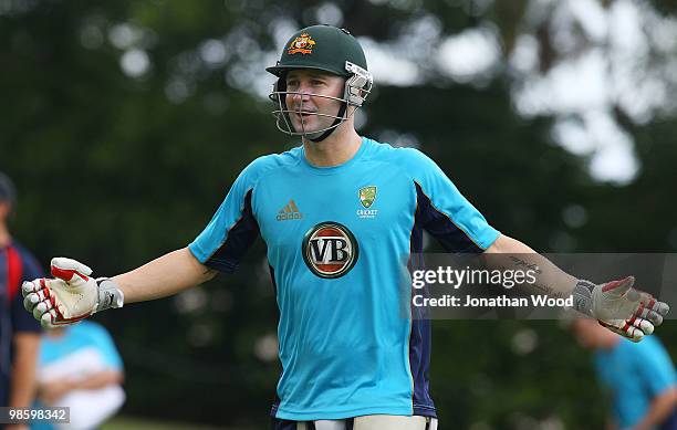 Michael Clarke of Australia prepares to enter the nets during an Australian Twenty20 training session at Cricket Australia's Centre of Excellence on...