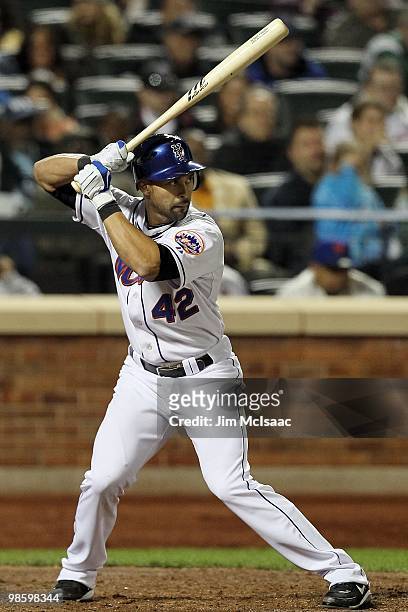 Angel Pagan of the New York Mets bats against the Chicago Cubs on April 19, 2010 at Citi Field in the Flushing neighborhood of the Queens borough of...