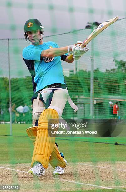 Michael Clarke of Australia hits out in the nets during an Australian Twenty20 training session at Cricket Australia's Centre of Excellence on April...