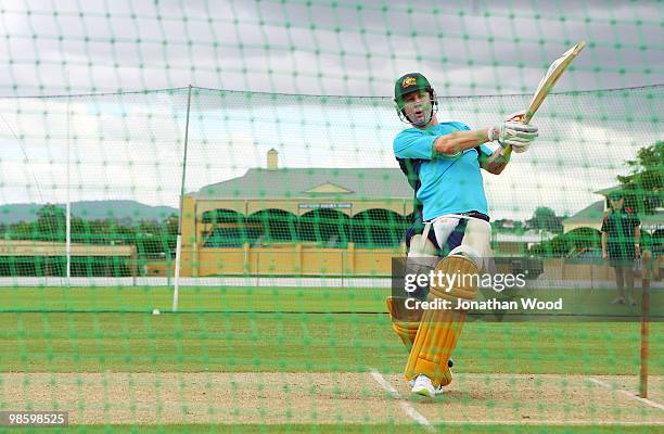 Michael Clarke of Australia hits out in the nets during an Australian Twenty20 training session at Cricket Australia's Centre of Excellence on April...