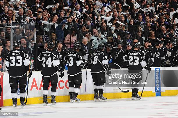 Fredrik Modin, Alexander Frolov, Jack Johnson, Drew Doughty and Dustin Brown of the Los Angeles Kings celebrate after a goal against the Vancouver...