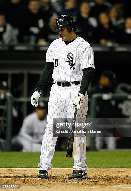 Carlos Quentin of the Chicago White Sox reacts after striking out against the Tampa Bay Rays at U.S. Cellular Field on April 21, 2010 in Chicago,...