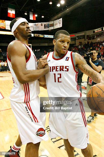 Michael Harris and Will Conroy of the Rio Grande Valley Vipers celebrate after the Vipers defeated the Austin Toros 99-98 to advance to the NBDL...