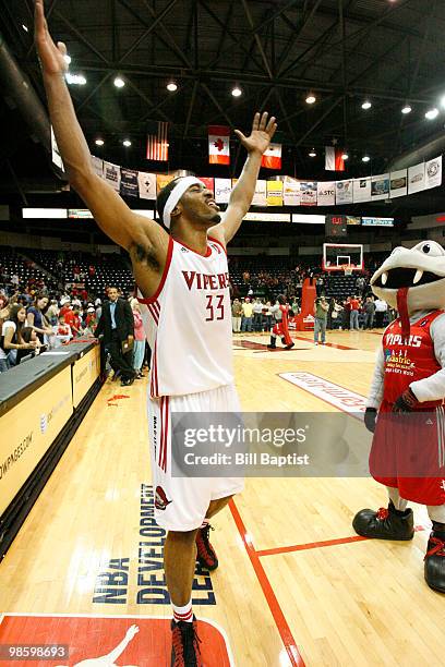 Michael Harris of the Rio Grande Valley Vipers celebrates after the Vipers defeated the Austin Toros 99-98 to advance to the NBDL finals on April 21,...
