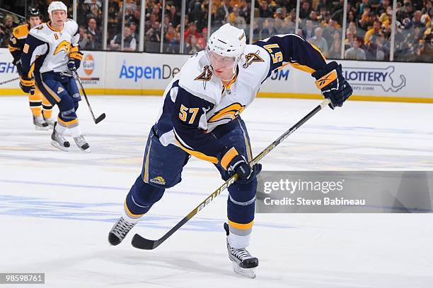 Tyler Myers of the Buffalo Sabres skates up the ice against the Boston Bruins in Game Four of the Eastern Conference Quarterfinals during the 2010...